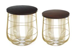 Orsina Set Of 2 Round Side Tables, Walnut Mango Wood Top With Brass Finish Iron Base, Art Deco Accent Tables in Gold - thumbnail 2