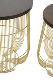 Orsina Set Of 2 Round Side Tables, Walnut Mango Wood Top With Brass Finish Iron Base, Art Deco Accent Tables in Gold - thumbnail 4