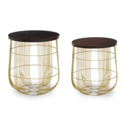 Orsina Set Of 2 Round Side Tables, Walnut Mango Wood Top With Brass Finish Iron Base, Art Deco Accent Tables in Gold
