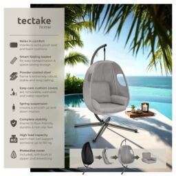 tectake Hanging Egg Chair Anika - with frame & extra thick seat cushion in Light Grey - Size: 1 Seater - thumbnail 2