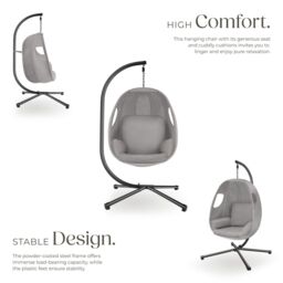 tectake Hanging Egg Chair Anika - with frame & extra thick seat cushion in Light Grey - Size: 1 Seater - thumbnail 3