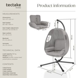 tectake Hanging Egg Chair Anika - with frame & extra thick seat cushion in Light Grey - Size: 1 Seater - thumbnail 6