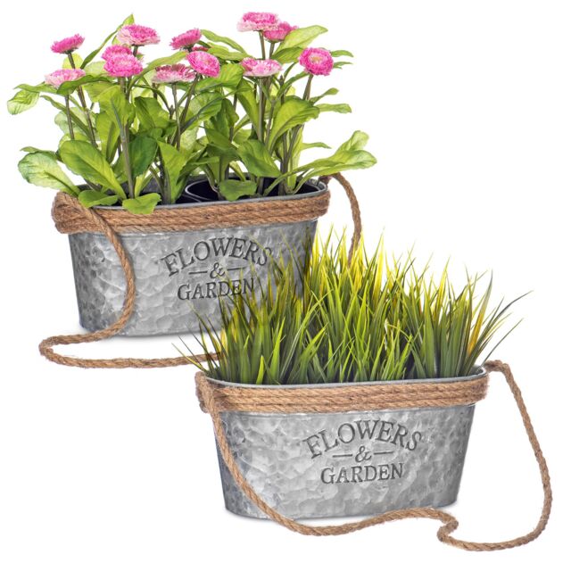 LIVIVO Zinc Hanging Plant Pot Set of 2 Metal Plant Pots with Hessian Rope Indoor Outdoor Planter Rustic Design in Silver - image 1