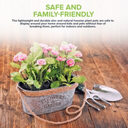 LIVIVO Zinc Hanging Plant Pot Set of 2 Metal Plant Pots with Hessian Rope Indoor Outdoor Planter Rustic Design in Silver - thumbnail 4