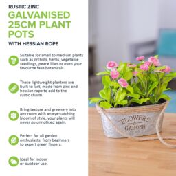 LIVIVO Zinc Hanging Plant Pot Set of 2 Metal Plant Pots with Hessian Rope Indoor Outdoor Planter Rustic Design in Silver - thumbnail 3