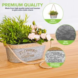 LIVIVO Zinc Hanging Plant Pot Set of 2 Metal Plant Pots with Hessian Rope Indoor Outdoor Planter Rustic Design in Silver - thumbnail 5