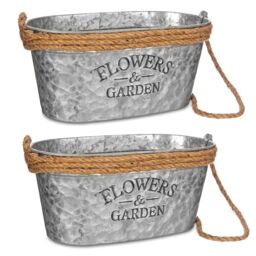 LIVIVO Zinc Hanging Plant Pot Set of 2 Metal Plant Pots with Hessian Rope Indoor Outdoor Planter Rustic Design in Silver - thumbnail 2