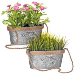 LIVIVO Zinc Hanging Plant Pot Set of 2 Metal Plant Pots with Hessian Rope Indoor Outdoor Planter Rustic Design in Silver