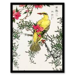 Artery8 Bush Warbler & Drooping Peach Tree Vintage Framed Wall Art Print Kashu - Size: A4 - thumbnail 1