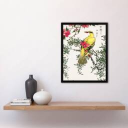 Artery8 Bush Warbler & Drooping Peach Tree Vintage Framed Wall Art Print Kashu - Size: A4 - thumbnail 4