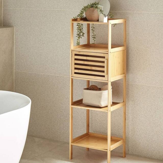 Wyld and Coco Bamboo Bathroom Shelf Unit 4 Shelves 1 Door Light Brown - image 1