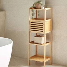 Wyld and Coco Bamboo Bathroom Shelf Unit 4 Shelves 1 Door Light Brown