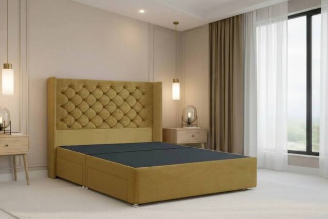 "Nexus Mattresses Ltd Windsor Plush Divan Bed Base No Drawers - 54"" Winged Headboard in Mustard - Size: Super King" - image 1