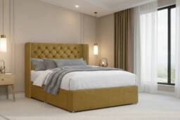 "Nexus Mattresses Ltd Windsor Plush Divan Bed Base No Drawers - 54"" Winged Headboard in Mustard - Size: Super King" - thumbnail 2
