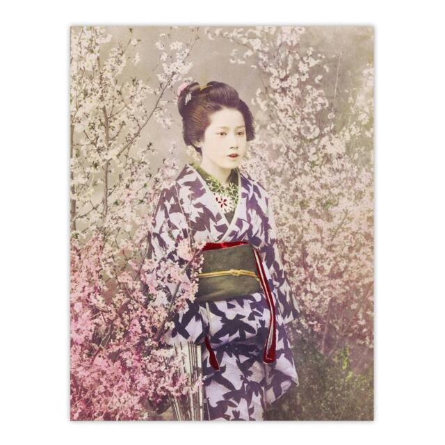 "Artery8 Geisha & Cherry Blossom Vintage Japan Wall Art Print Kazumasa in Pink - Size: W12"" x H16""" - image 1