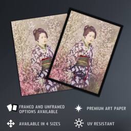 "Artery8 Geisha & Cherry Blossom Vintage Japan Wall Art Print Kazumasa in Pink - Size: W12"" x H16""" - thumbnail 2
