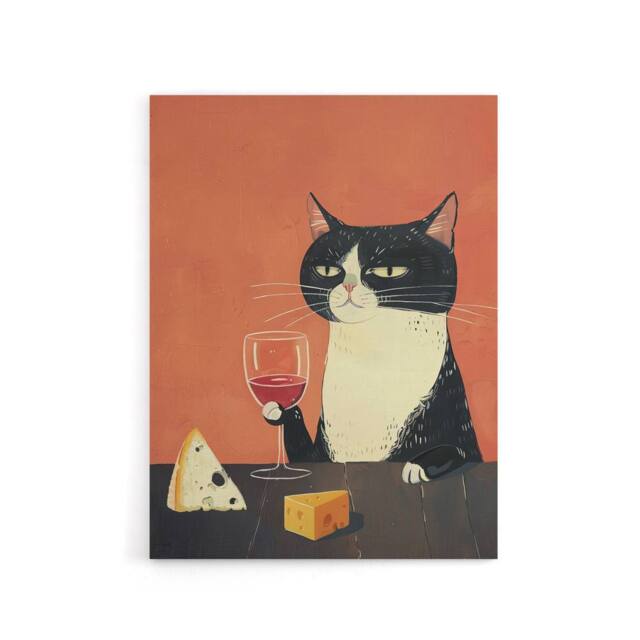 "Artery8 Tuxedo Cat Drinking Wine With Cheese Canvas Wall Art Print in Orange - Size: W18"" x H24""" - image 1