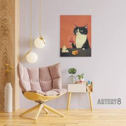 "Artery8 Tuxedo Cat Drinking Wine With Cheese Canvas Wall Art Print in Orange - Size: W18"" x H24""" - thumbnail 3