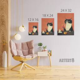 "Artery8 Tuxedo Cat Drinking Wine With Cheese Canvas Wall Art Print in Orange - Size: W18"" x H24""" - thumbnail 4