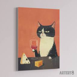 "Artery8 Tuxedo Cat Drinking Wine With Cheese Canvas Wall Art Print in Orange - Size: W18"" x H24""" - thumbnail 2