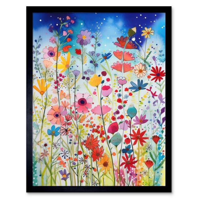 "Artery8 Wall Art Print Summer Wildflower Meadow Folk Art Framed in Black - Size: W12"" x H16""" - image 1
