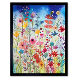 "Artery8 Wall Art Print Summer Wildflower Meadow Folk Art Framed in Black - Size: W12"" x H16""" - thumbnail 1