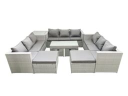 Fimous Outdoor Rattan Garden Furniture Set with Grey Cushions Luxury 13 Seater with Coffee Table & Side Table For Conservatory, Patio in Light Grey