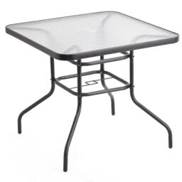 EONLION 80cm Square Tempered Glass Patio Table Black Metal Parasol Hole Garden Furniture - thumbnail 1
