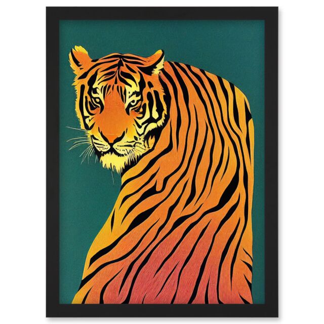 Artery8 Modern Tiger Portrait on Teal Orange Bold Artwork Framed Wall Art Print A4 in Black - image 1