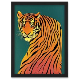 Artery8 Modern Tiger Portrait on Teal Orange Bold Artwork Framed Wall Art Print A4 in Black - thumbnail 1