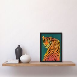 Artery8 Modern Tiger Portrait on Teal Orange Bold Artwork Framed Wall Art Print A4 in Black - thumbnail 2