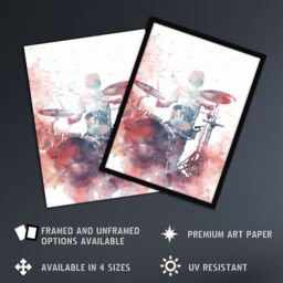 "Artery8 Drummer Playing Drums Set Modern Watercolour Red Framed Art Print - Size: W12"" x H16""" - thumbnail 2