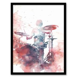 "Artery8 Drummer Playing Drums Set Modern Watercolour Red Framed Art Print - Size: W12"" x H16""" - thumbnail 1