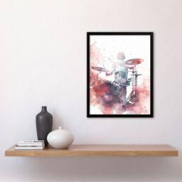 "Artery8 Drummer Playing Drums Set Modern Watercolour Red Framed Art Print - Size: W12"" x H16""" - thumbnail 4