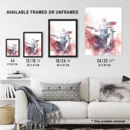 "Artery8 Drummer Playing Drums Set Modern Watercolour Red Framed Art Print - Size: W12"" x H16""" - thumbnail 3