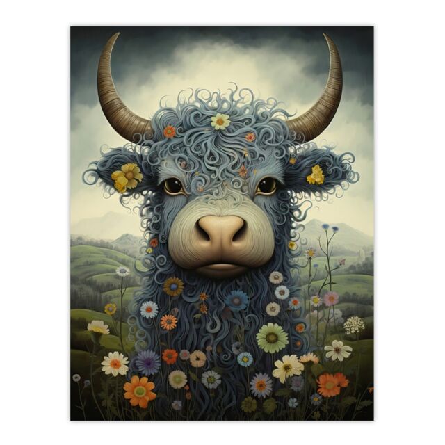 Artery8 Small Blue Highland Cow In Wildflower Meadow Fun Wee Blue Coo Artwork Large Wall Unframed Art Poster Print Thick Paper 18X24 Inch - image 1