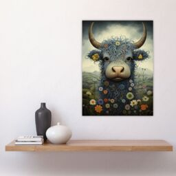 Artery8 Small Blue Highland Cow In Wildflower Meadow Fun Wee Blue Coo Artwork Large Wall Unframed Art Poster Print Thick Paper 18X24 Inch - thumbnail 4