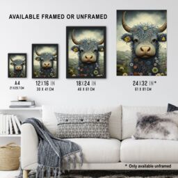 Artery8 Small Blue Highland Cow In Wildflower Meadow Fun Wee Blue Coo Artwork Large Wall Unframed Art Poster Print Thick Paper 18X24 Inch - thumbnail 3