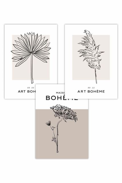ARTZE Set of 3 Minimalist Sketch Leaves Flowers Beige & Ivory Art Posters - Size: W50 cm x H70 cm - image 1