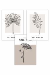 ARTZE Set of 3 Minimalist Sketch Leaves Flowers Beige & Ivory Art Posters - Size: W50 cm x H70 cm - thumbnail 1