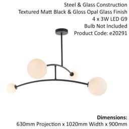 Loops Matt Black Swing Arm Ceiling Light & Opal Glass Shades - 4 Bulb Fitting in Clear - thumbnail 2