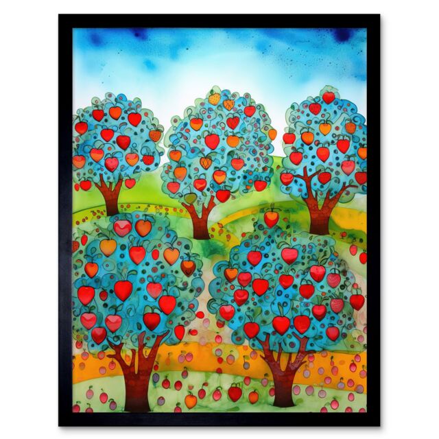 "Artery8 Wall Art Print Apple Orchard Trees Ready For Harvest Folk Art Landscape Watercolour Painting Art Framed in Black - Size: W12"" x H16""" - image 1