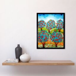 "Artery8 Wall Art Print Apple Orchard Trees Ready For Harvest Folk Art Landscape Watercolour Painting Art Framed in Black - Size: W12"" x H16""" - thumbnail 2