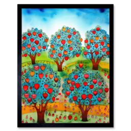 "Artery8 Wall Art Print Apple Orchard Trees Ready For Harvest Folk Art Landscape Watercolour Painting Art Framed in Black - Size: W12"" x H16""" - thumbnail 1
