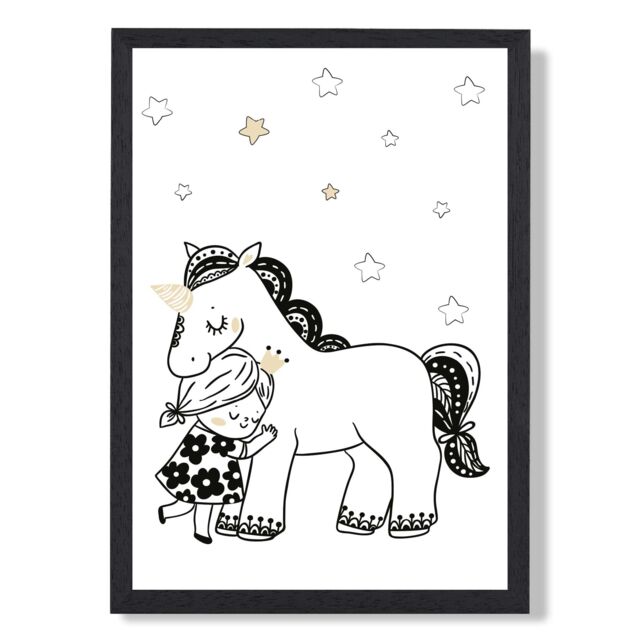 ARTZE Scandi Princess Little Hugging Unicorn Framed Print SIZE: A2 with Black Frame - Size: A4 - image 1