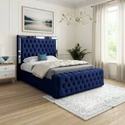 Casani Ludgershall Mirror Upholstered Blue Soft Velvet Designer Bed Frame - Size: Super King