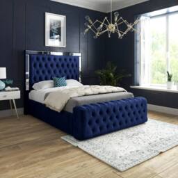 Casani Ludgershall Mirror Upholstered Blue Soft Velvet Designer Bed Frame - Size: Super King - thumbnail 2