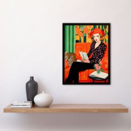 Artery8 Wall Art Print Retro Chic Oil Painting Orange Green Lounge Portrait Woman & Leopard on Couch Artwork Framed - Size: A4 - thumbnail 4