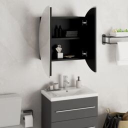 Berkfield Home Bathroom Cabinet with Round Mirror&LED Black 47x47x17.5 cm - thumbnail 4