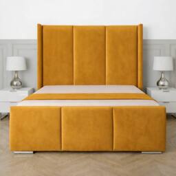 UK Bed Furniture Miami Wingback Upholstered Bed with 48 Inch Headboard Slatted Base in Mustard - Size: Super King - thumbnail 2